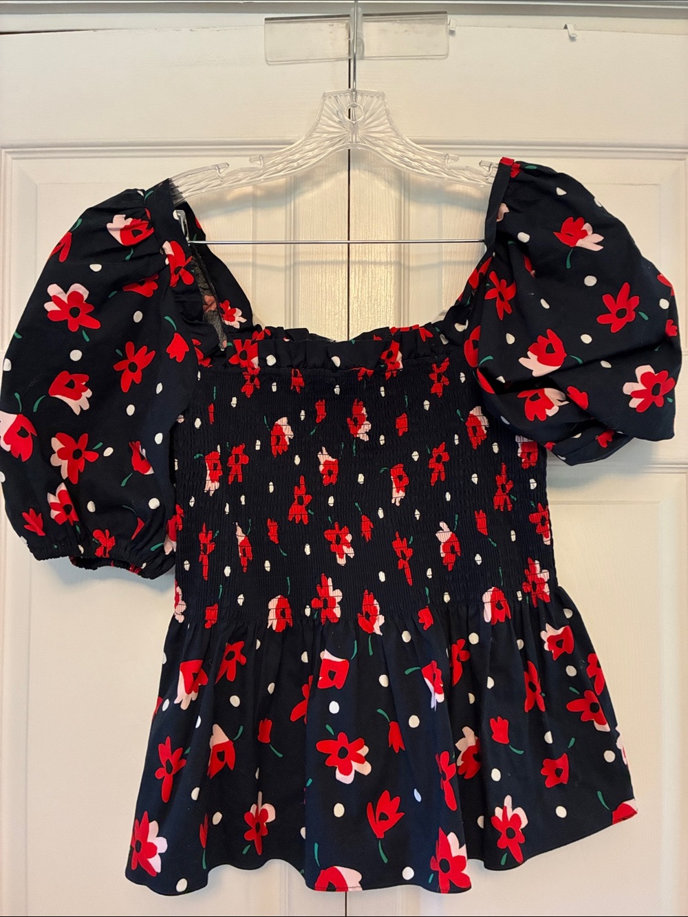 kate spade Navy Floral Smocked Top - Red, Pink & Green Accents